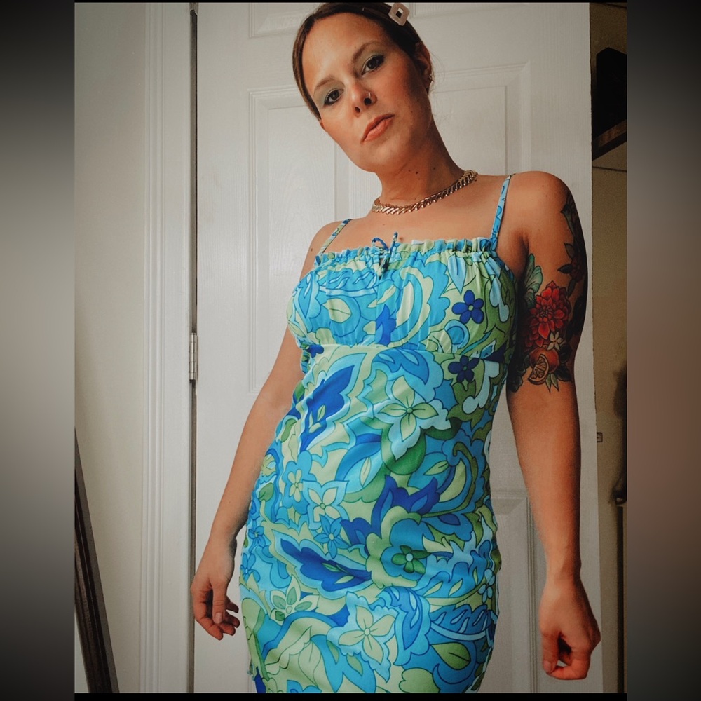 1990s California Concepts Vivid Blue and Green Floral Slip Dress